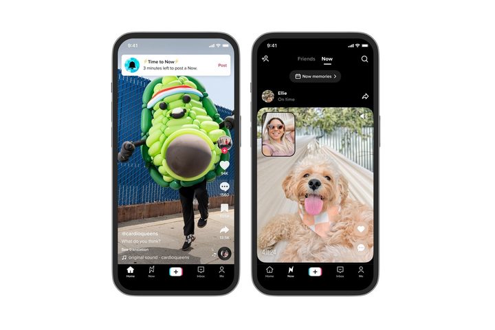 Two mobile screenshots side by side on a white background, showing the new TikTok Now feature.