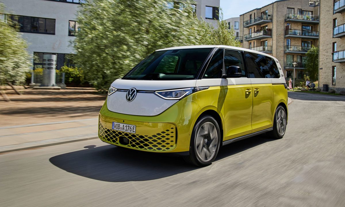 Volkwagen's ID. Buzz drives down the road.