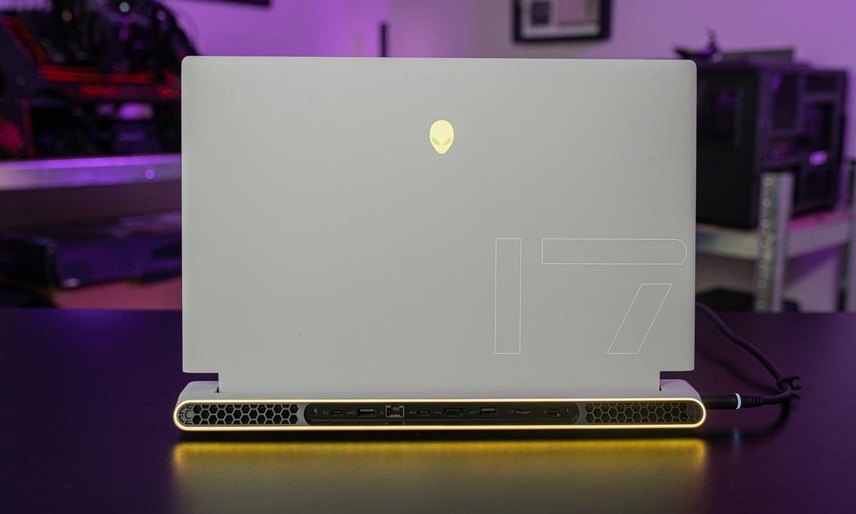 The back of the Alienware x17 R2 as it's sitting on a desk.