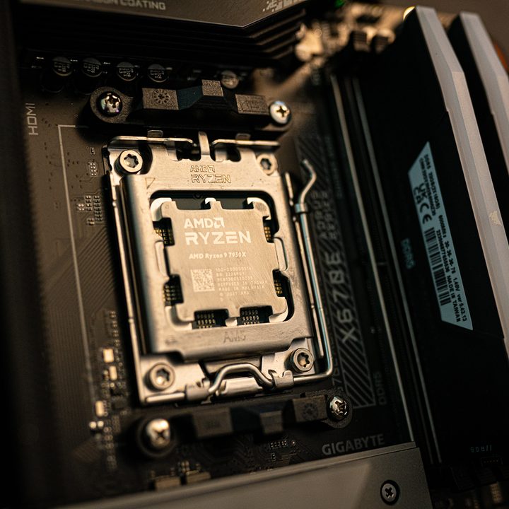 The Ryzen 9 7950X socketed into a motherboard.