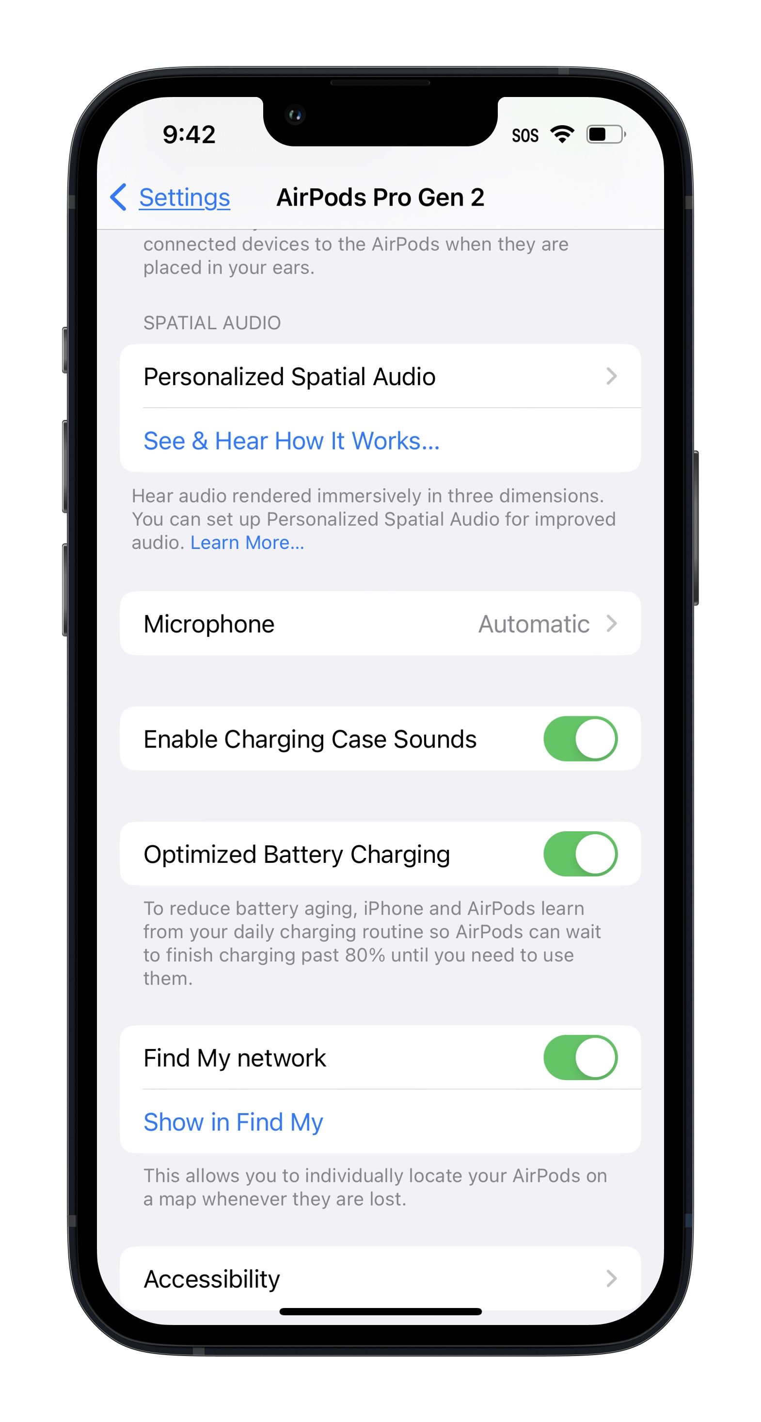 AirPods Pro 2 settings in iOS 16.