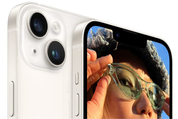 Back of a white iPhone 14.