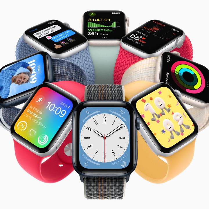 Apple Watch SE 2 with 8 colorful watch bands.