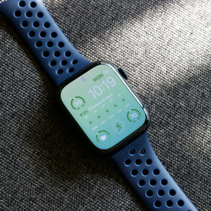 An Apple Watch Series 8 with the display turned on.