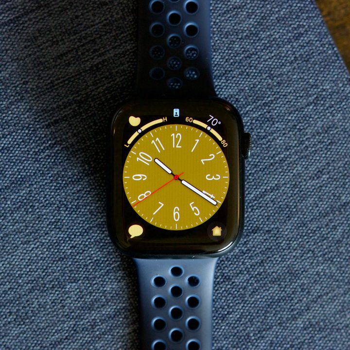 An Apple Watch Series 8 with the display turned on.