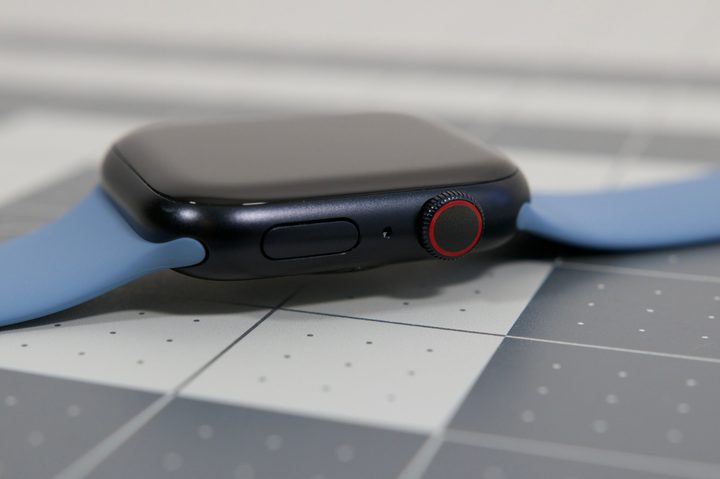The Digital Crown on an Apple Watch Series 8.