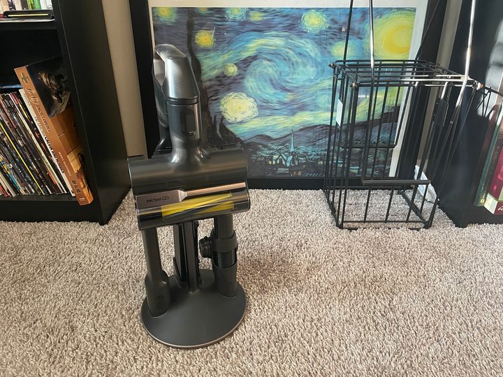 The Samsung Bespoke Jet accessory rack on the floor.