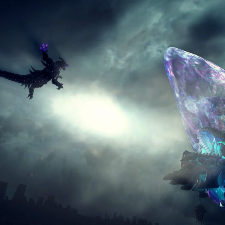 A small Demon is leaping through the at at a colossal monster in Bayonetta 3.