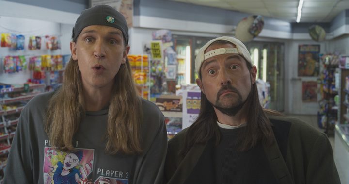 Jason Mewes and Kevin Smith look at the camera in a scene from Clerks III.