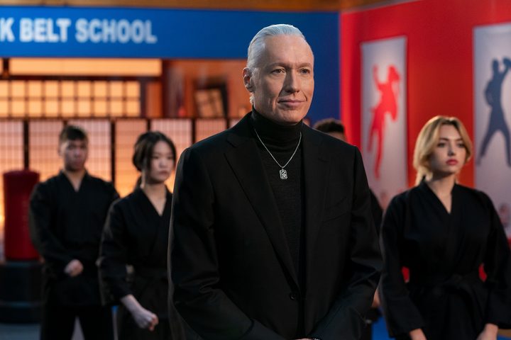 Thomas Ian Griffith stares at the camera in a scene from Cobra Kai season 5.