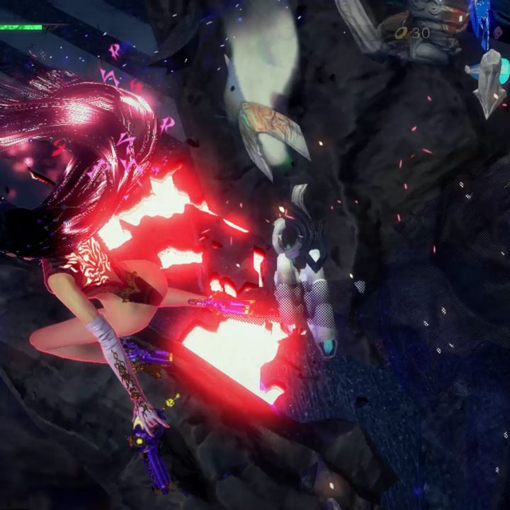 Bayonetta glows pink with energy while fighting a monster in Bayonetta 3.