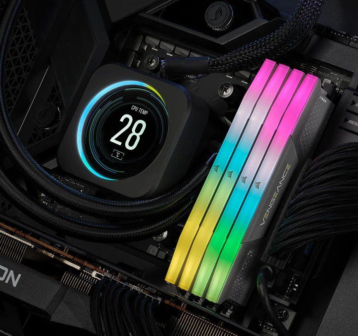 Four Corsair RAM sticks inside a motherboard.