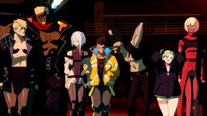 The whole crew walks down the street in a scene from Cyberpunk: Edgerunners.
