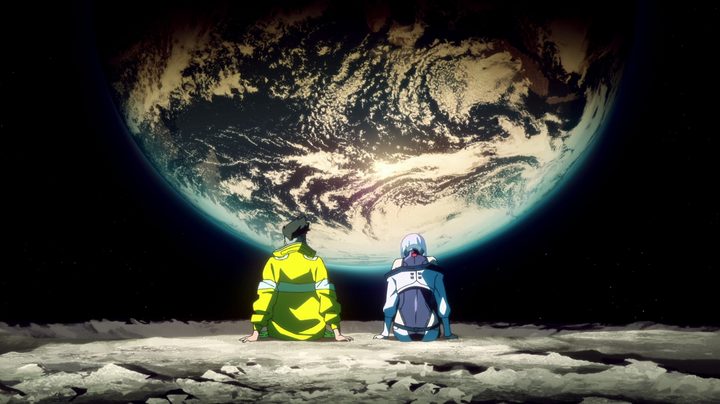 David and Lucy look at the Earth from the moon in a scene from Cyberpunk: Edgerunners.