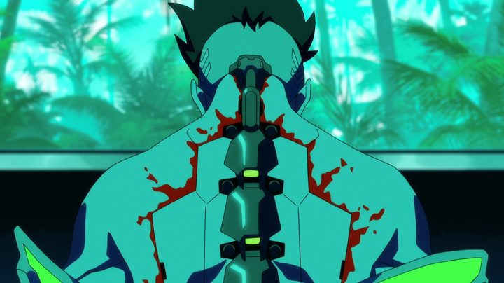 David's bloody back reveals his latest implant in a scene from Cyberpunk: Edgerunners.