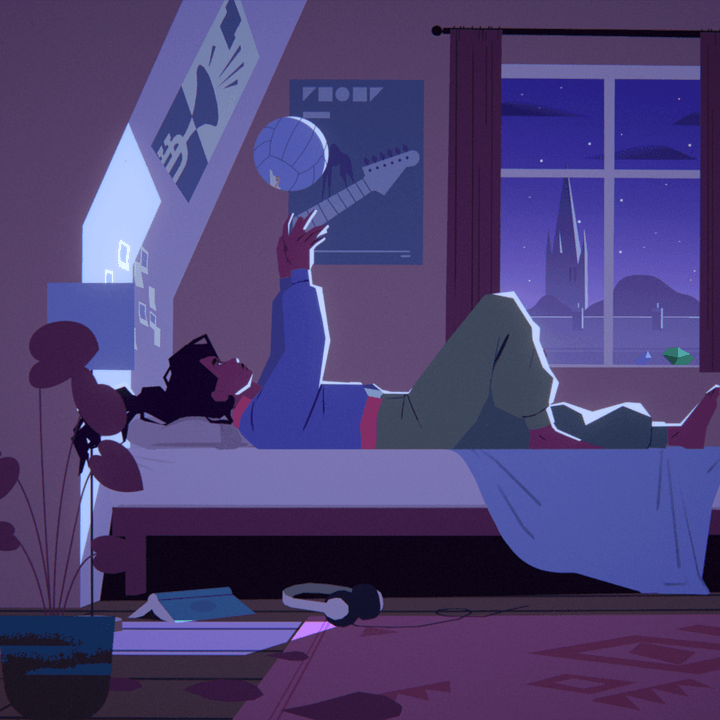 Desta lays in bed as they throw a ball towards the ceiling in Desta: The Memories Between.