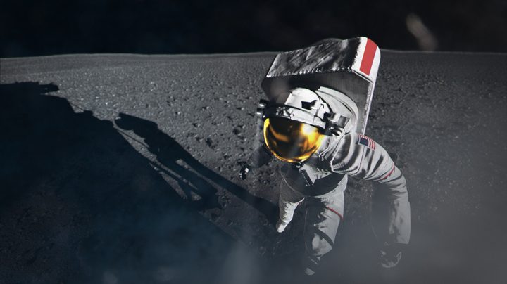 An image of an artist's illustration of an Artemis astronaut stepping from a Moon lander onto the lunar surface.