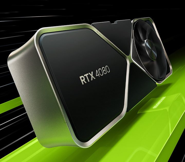 New Nvidia GeForce RTX 4080 GPU over a black and green background.