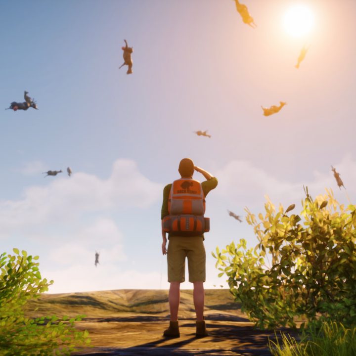 A human looks at a sky full of goats.
