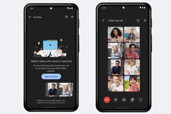 Google Meet running on Android phones. It shows the live sharing and multi-pinning features.