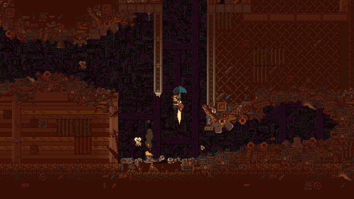 A character dives into a junkyard in Gunbrella.