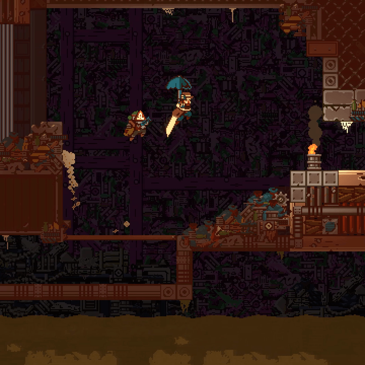 A character sails through the air with an umbrella in Gunbrella.