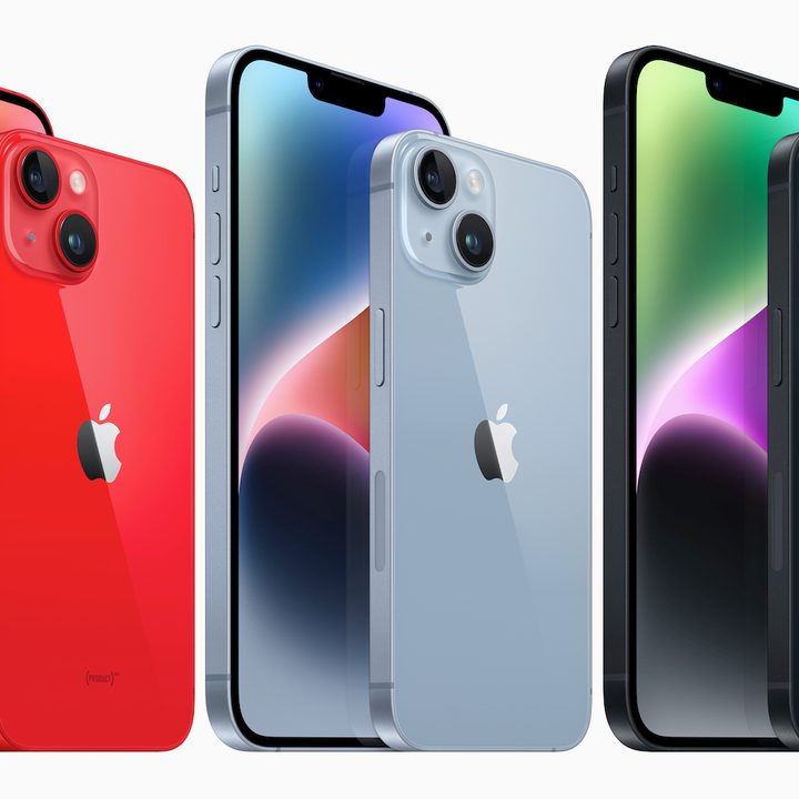 Apple iPhone 14 and iPhone 14 Plus in red, black, and blue colors.