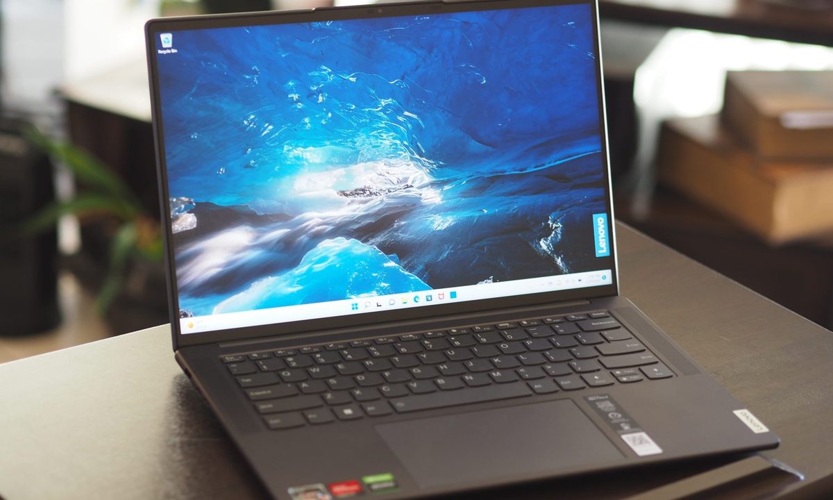 The Lenovo Slim 7 Pro X open on a table.