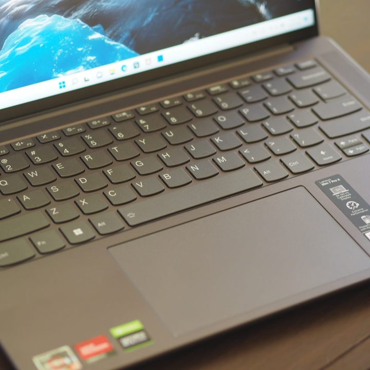 Lenovo Slim 7 Pro X top down view showing keyboard and touchpad.