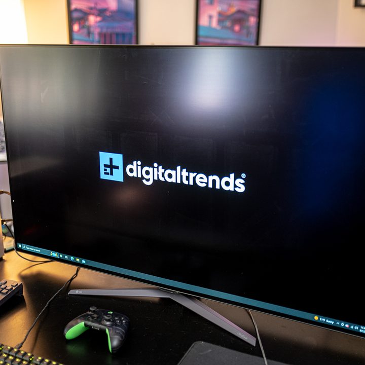 The Digital Trends logo on the UltraGear 48-inch OLED monitor.