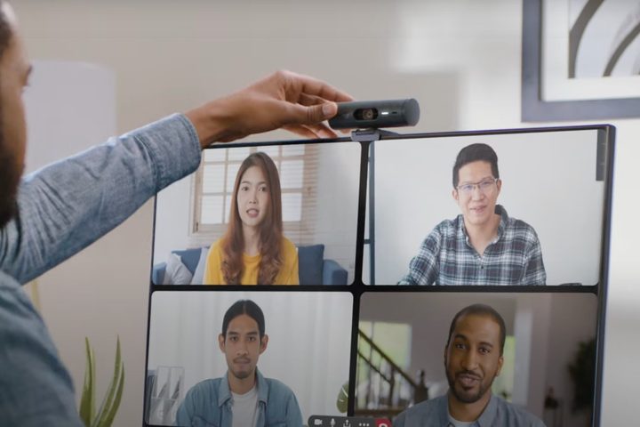 The Logitech Brio 500 webcam on a monitor.