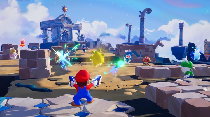 Screenshot of Mario shooting enemies in mario + rabbids sparks of hope.