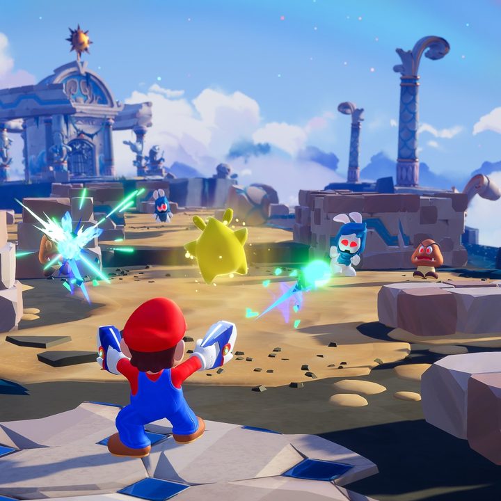 Screenshot of Mario shooting enemies in mario + rabbids sparks of hope.