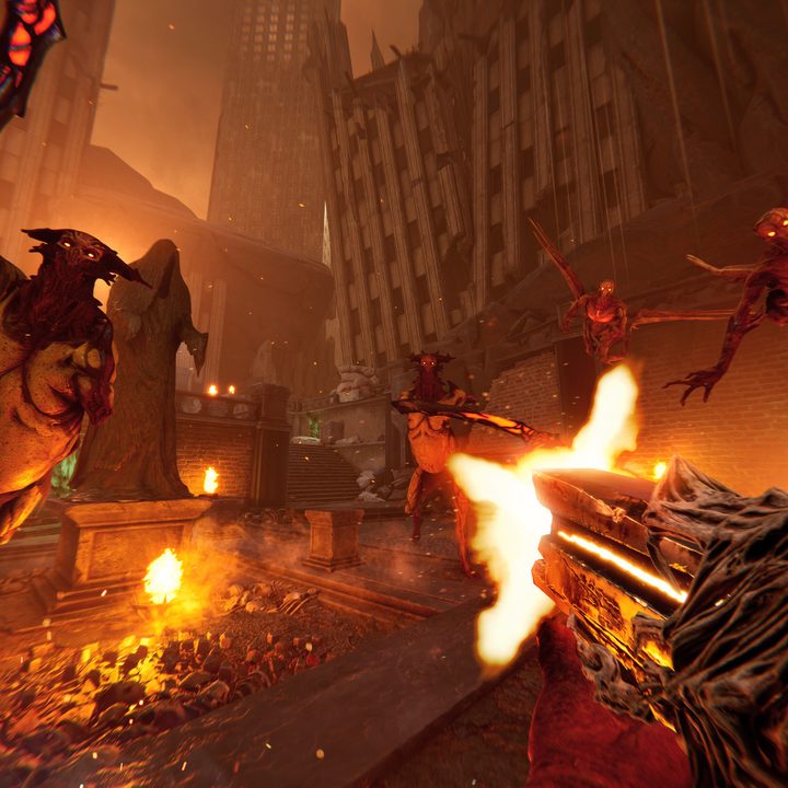 Metal Hellsinger gameplay shooting at demons.