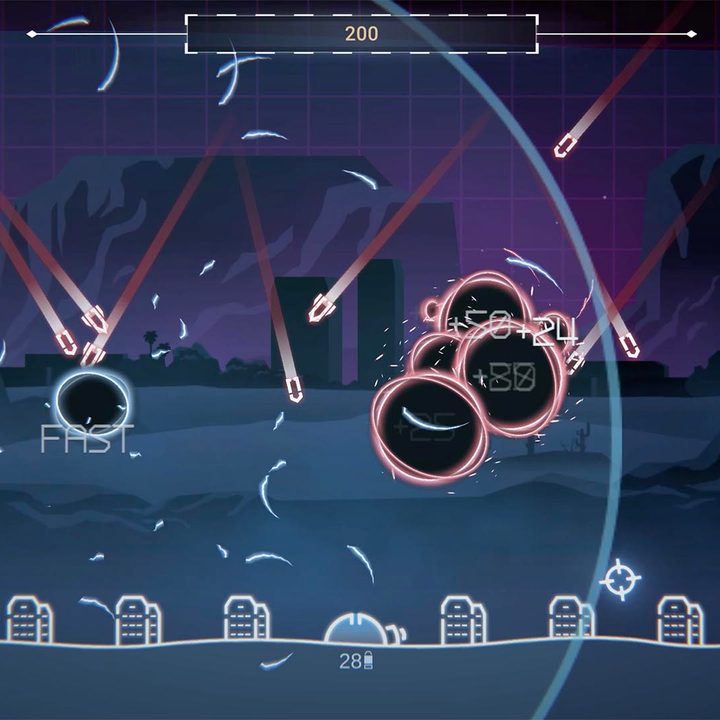 Ships fly around the screen in Missile Command: Recharged.