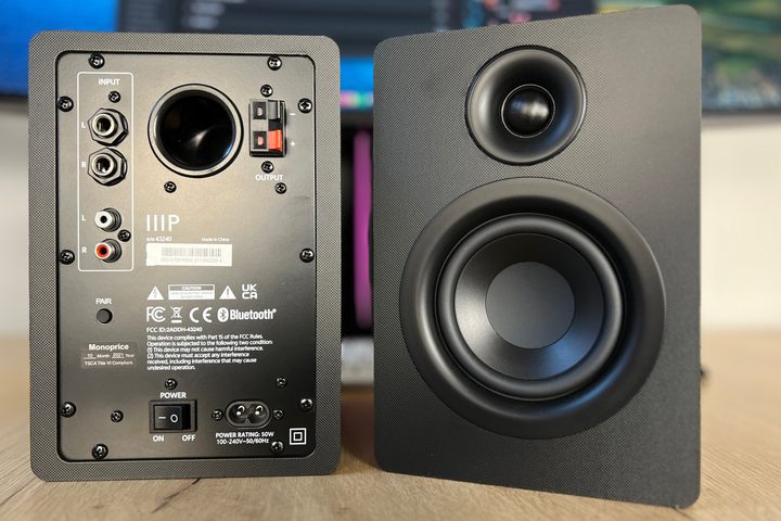 The back of the Monoprice DT-3BT Powered Desktop Bluetooth Speakers