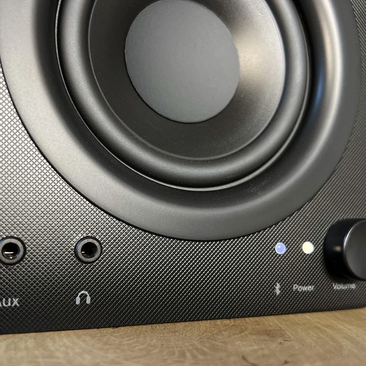 The front connections of the Monoprice DT-3BT Powered Desktop Bluetooth Speakers