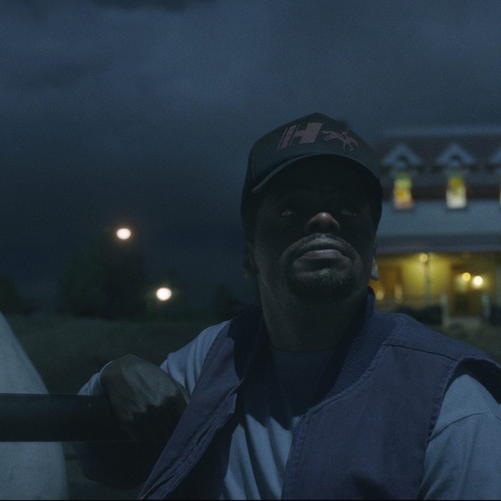 An image of Daniel Kaluuya staring at the sky at night from "Nope."