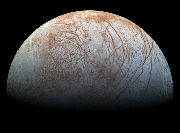 The surface of Jupiter's moon Europa, where a liquid ocean is thought to lurk beneath an icy crust.