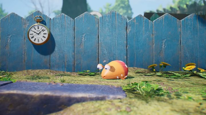 Bulborg along fence with clock on wall in Pikmin 4.