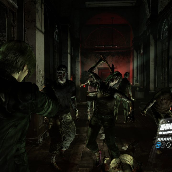 Leon S. Kennedy shoots zombies in a hallway in Resident Evil 6.