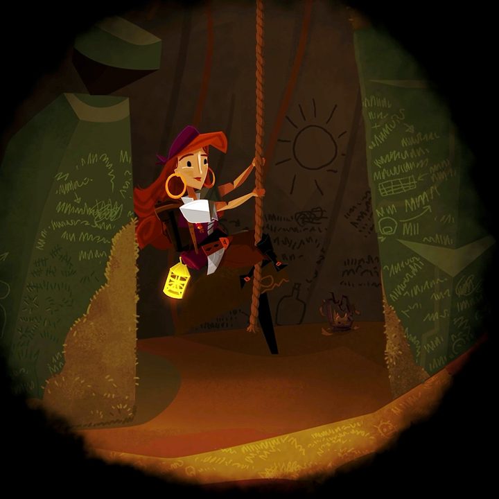 A female pirate is climbing a rope in a dimly lit pit in Return to Monkey Island.