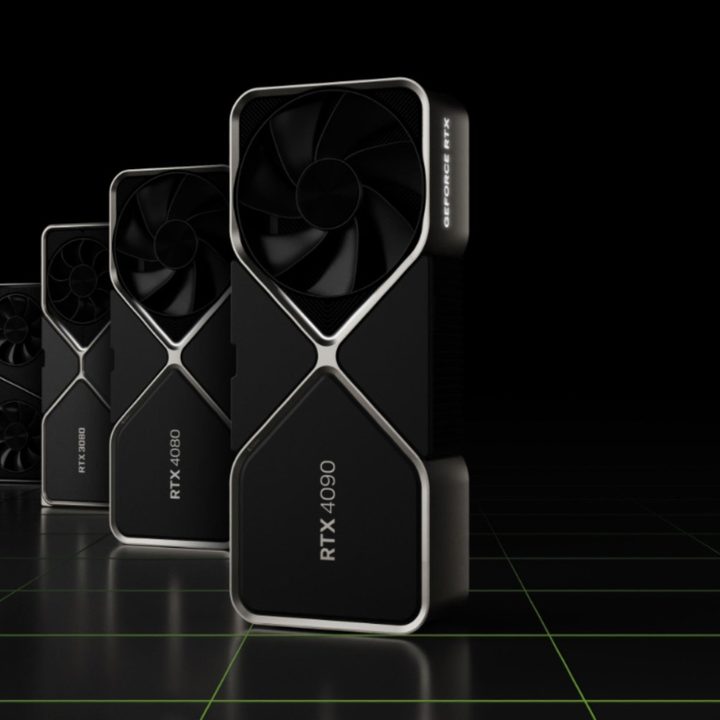 Four RTX 40-series graphics cards on a black background.