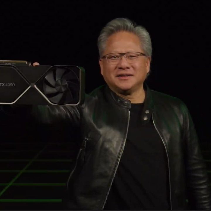Nvidia CEO Jensen Huang with an RTX 4090 graphics card.