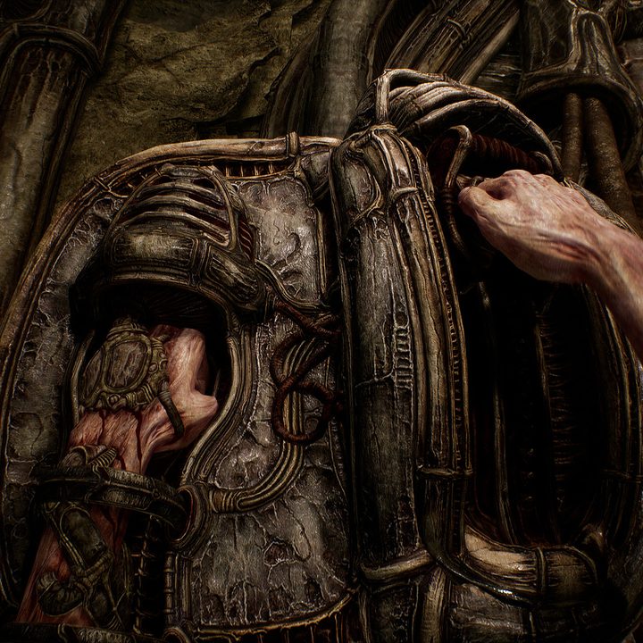 A player in Scorn sticks their arm in a lever.