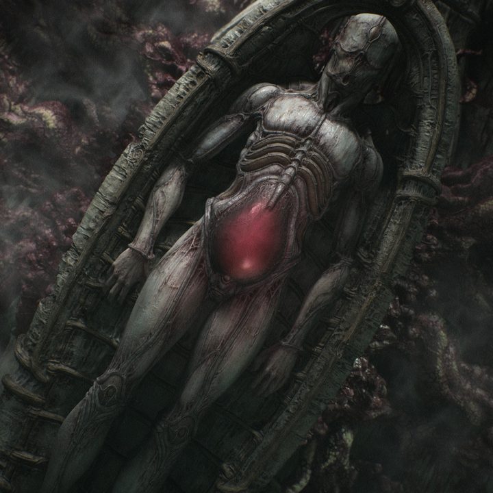 A grey body sits in a pod in Scorn.