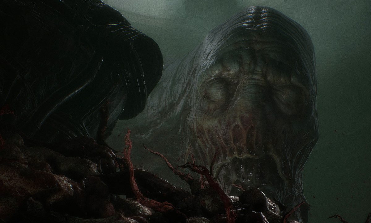 A fleshy monster looms in a dark room in Scorn.