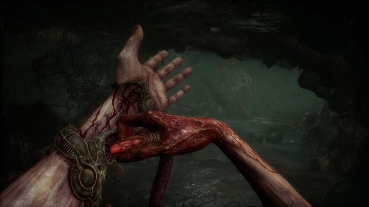 A character jabs a needle into their arm in Scorn.