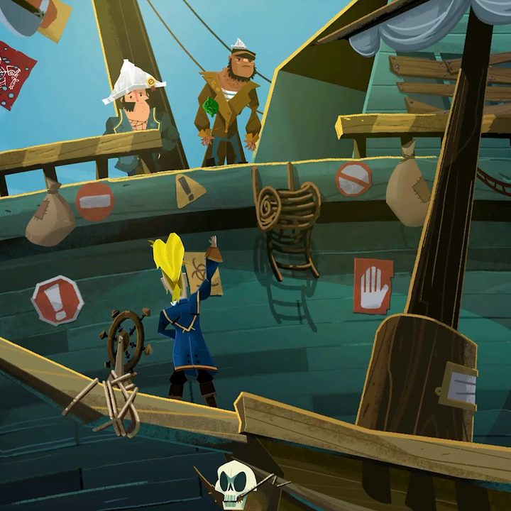 A blond pirate reaches his hand up the side of a ship in Return to Monkey Island