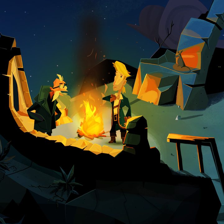 Guybrush Threepwood converses with another pirate over a campfire in Return to Monkey Island